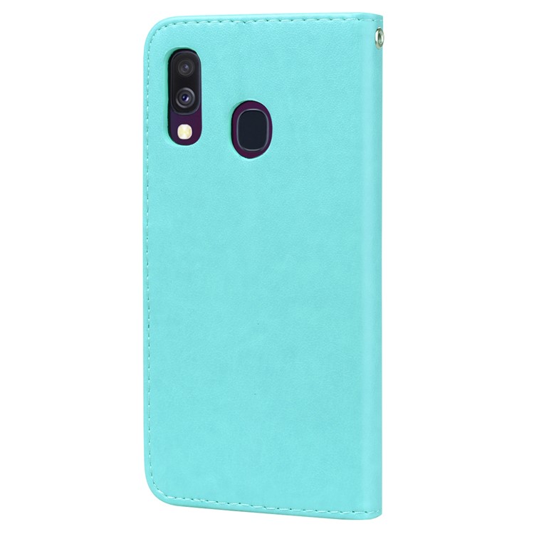 Imprinted Rose Flower Pattern Leather Wallet Case for Samsung Galaxy A40 - Cyan-3