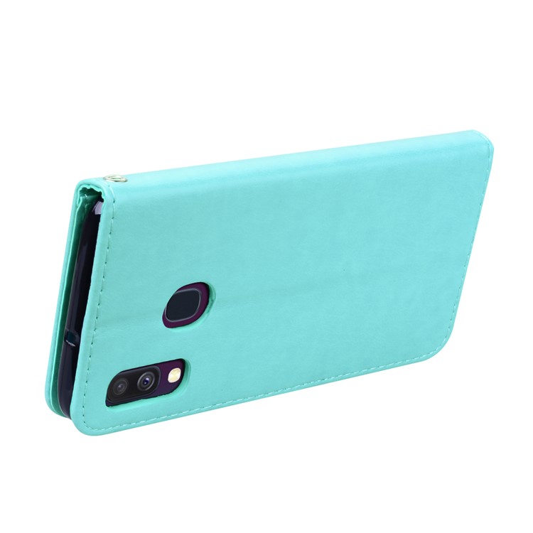 Imprinted Rose Flower Pattern Leather Wallet Case for Samsung Galaxy A40 - Cyan-4