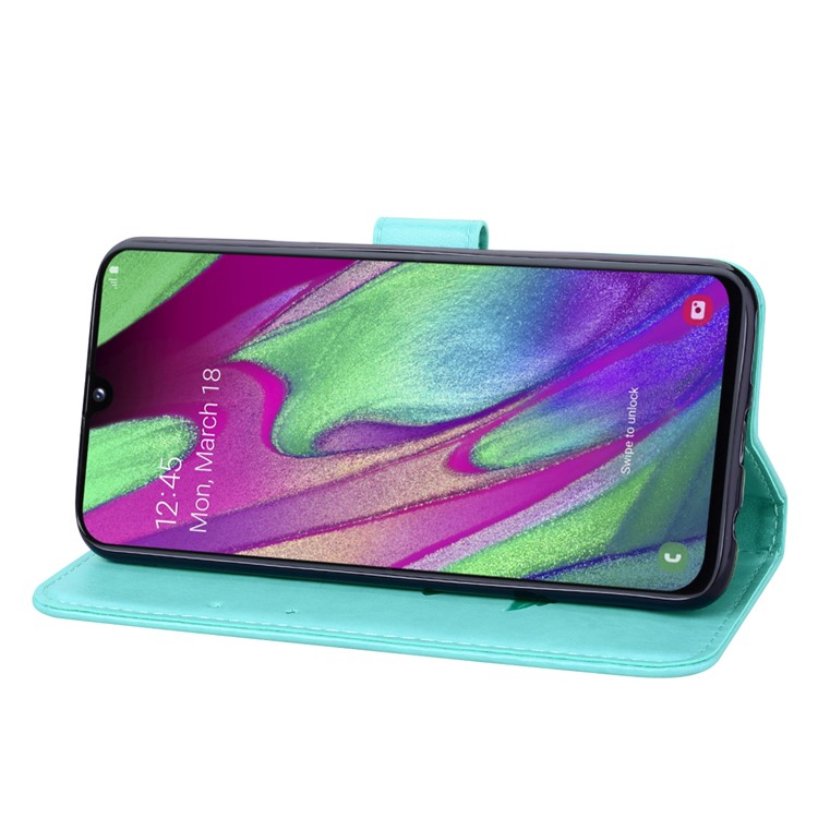 Imprinted Rose Flower Pattern Leather Wallet Case for Samsung Galaxy A40 - Cyan-5