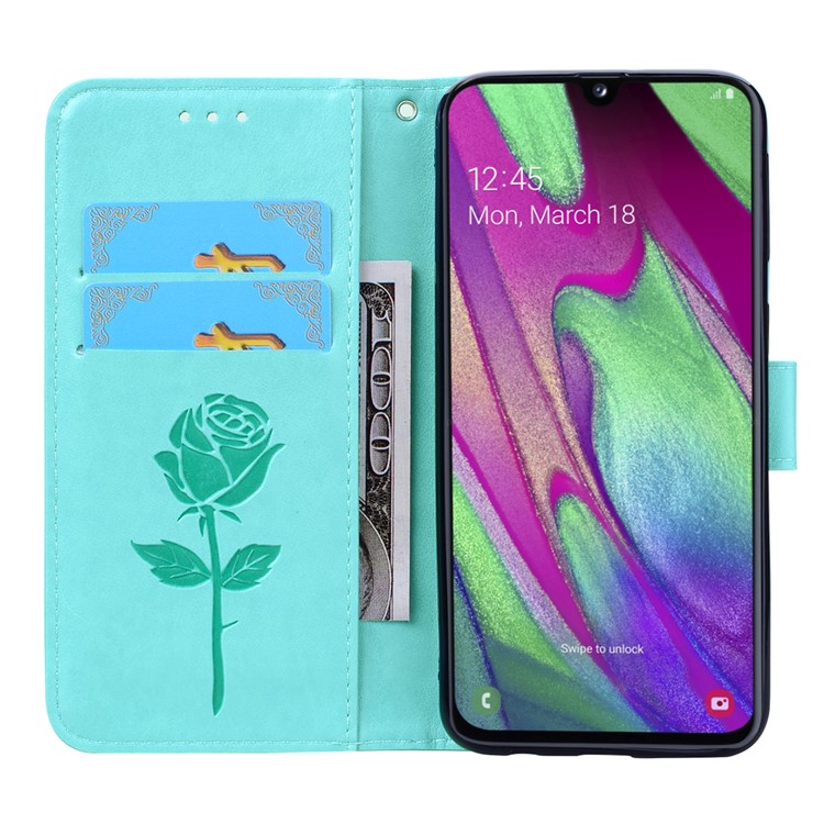 Imprinted Rose Flower Pattern Leather Wallet Case for Samsung Galaxy A40 - Cyan-6