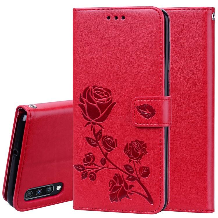 Imprinted Rose Flower Pattern Leather Wallet Case for Samsung Galaxy A70 - Red-1