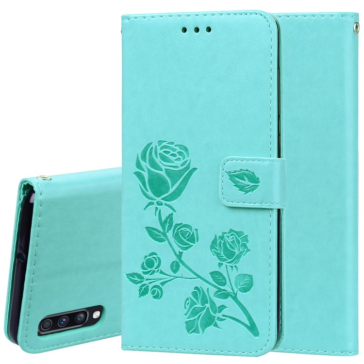 Imprinted Rose Flower Pattern Leather Wallet Case for Samsung Galaxy A70 - Cyan-1