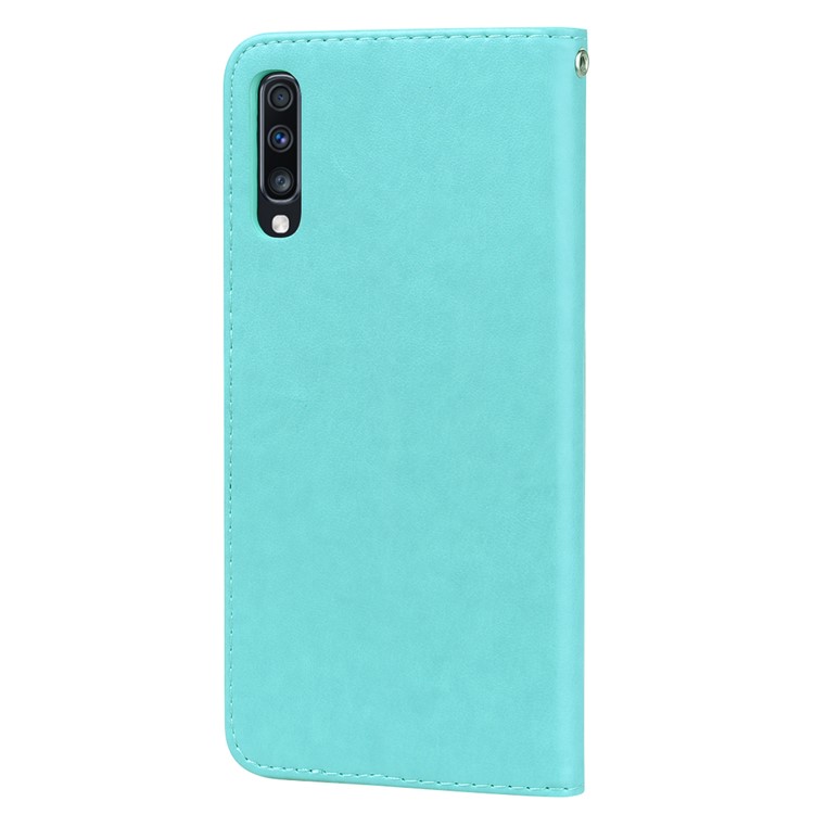 Imprinted Rose Flower Pattern Leather Wallet Case for Samsung Galaxy A70 - Cyan-2
