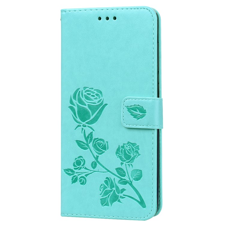 Imprinted Rose Flower Pattern Leather Wallet Case for Samsung Galaxy A70 - Cyan-3