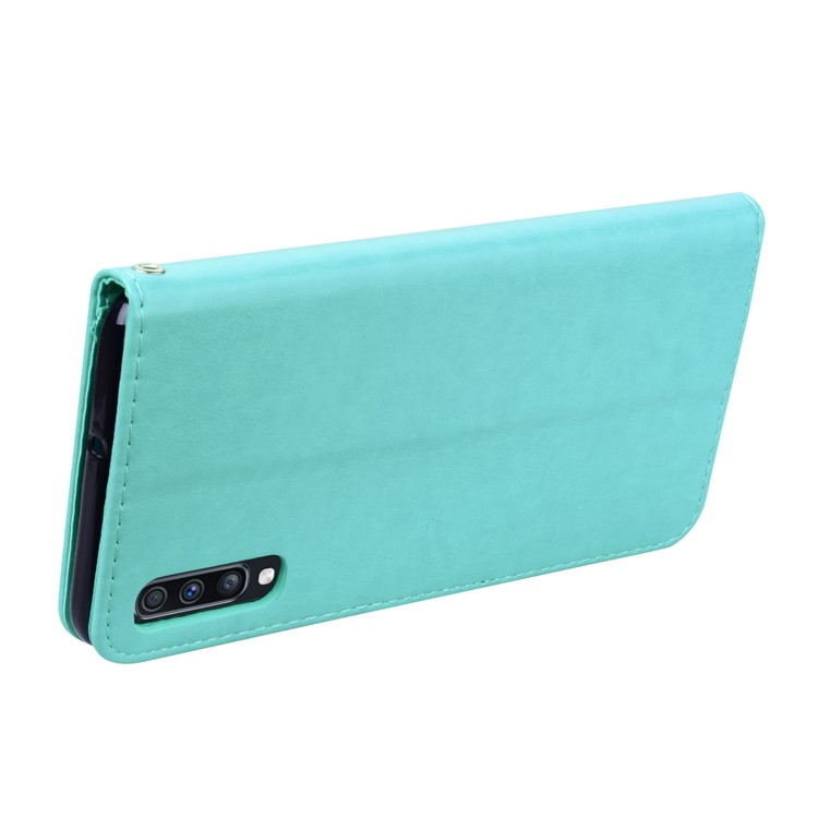 Imprinted Rose Flower Pattern Leather Wallet Case for Samsung Galaxy A70 - Cyan-4