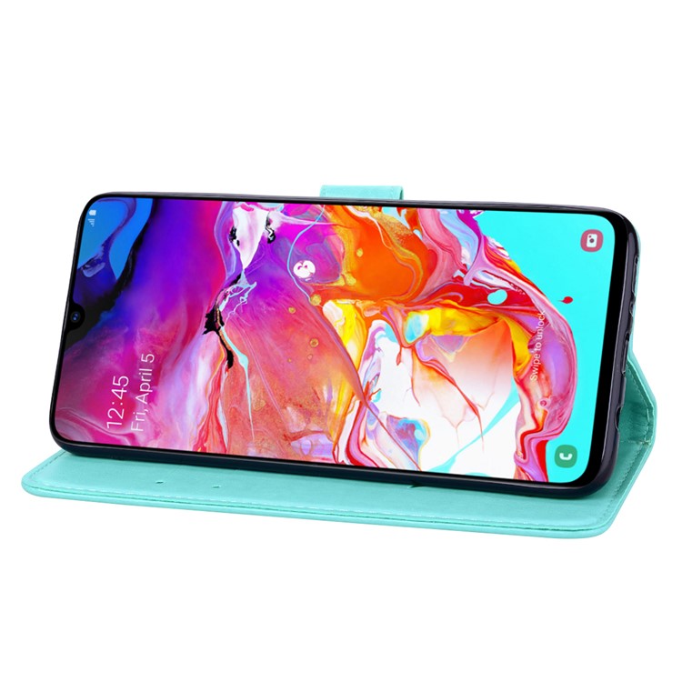 Imprinted Rose Flower Pattern Leather Wallet Case for Samsung Galaxy A70 - Cyan-5