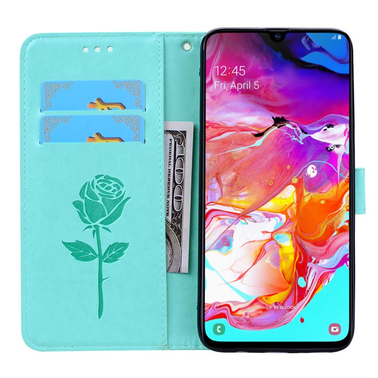 Imprinted Rose Flower Pattern Leather Wallet Case for Samsung Galaxy A70 - Cyan-6