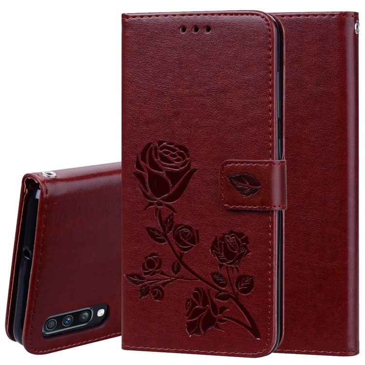 Imprinted Rose Flower Pattern Leather Wallet Case for Samsung Galaxy A70 - Brown-1