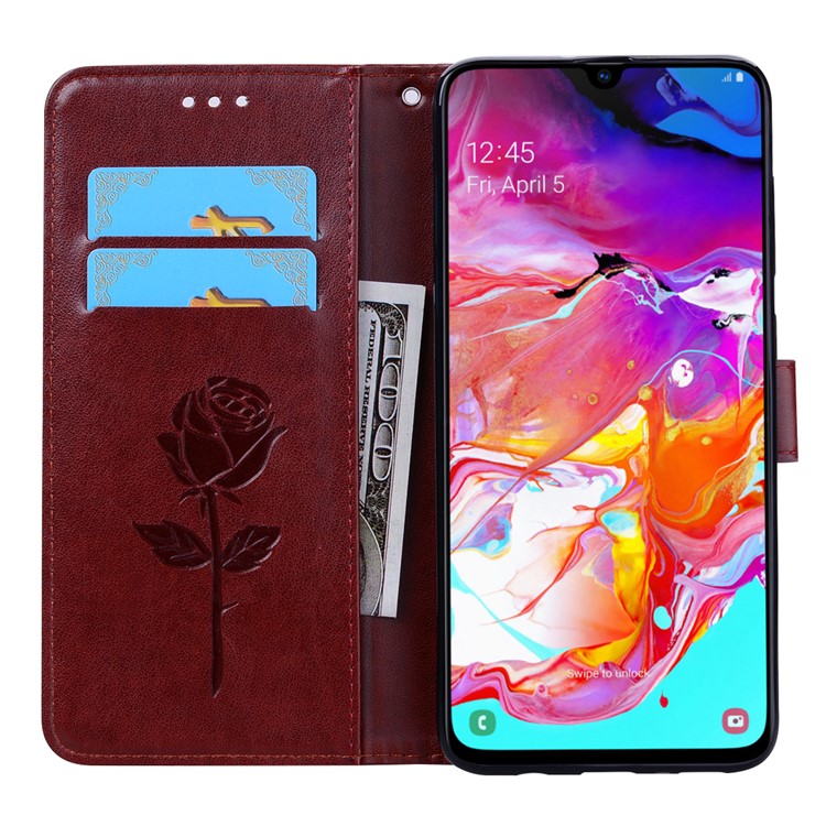 Imprinted Rose Flower Pattern Leather Wallet Case for Samsung Galaxy A70 - Brown-6