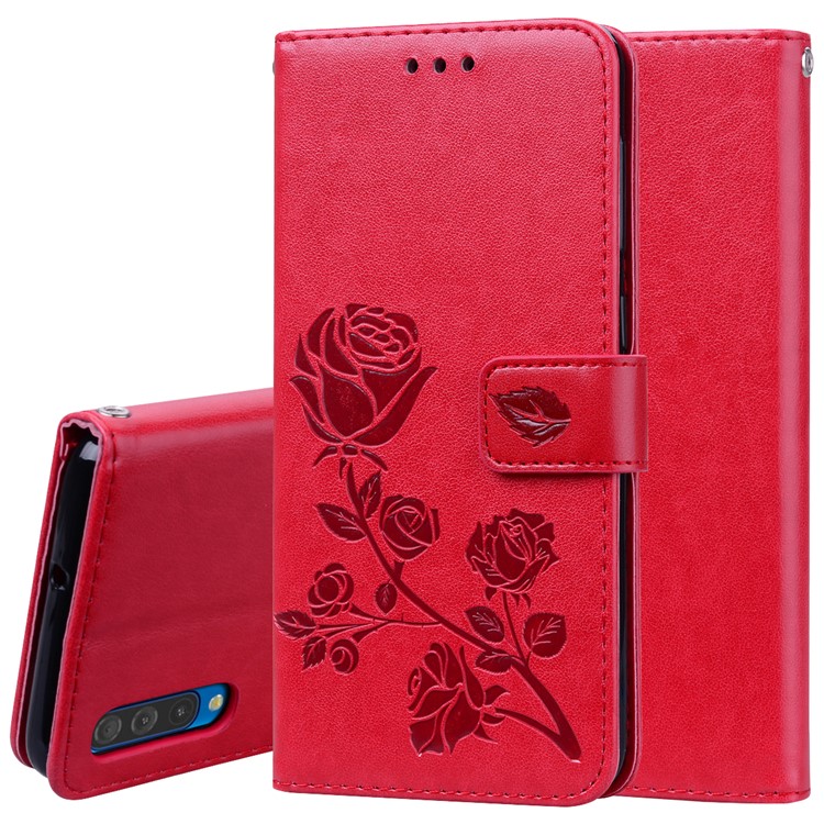 Imprinted Rose Flower Pattern Leather Wallet Case for Samsung Galaxy A50 - Red-1