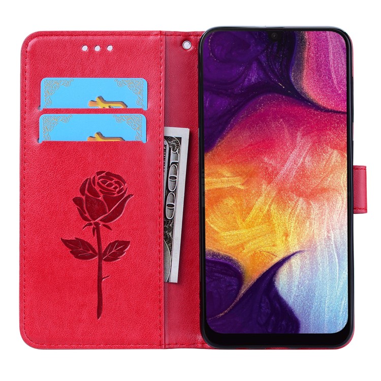 Imprinted Rose Flower Pattern Leather Wallet Case for Samsung Galaxy A50 - Red-6