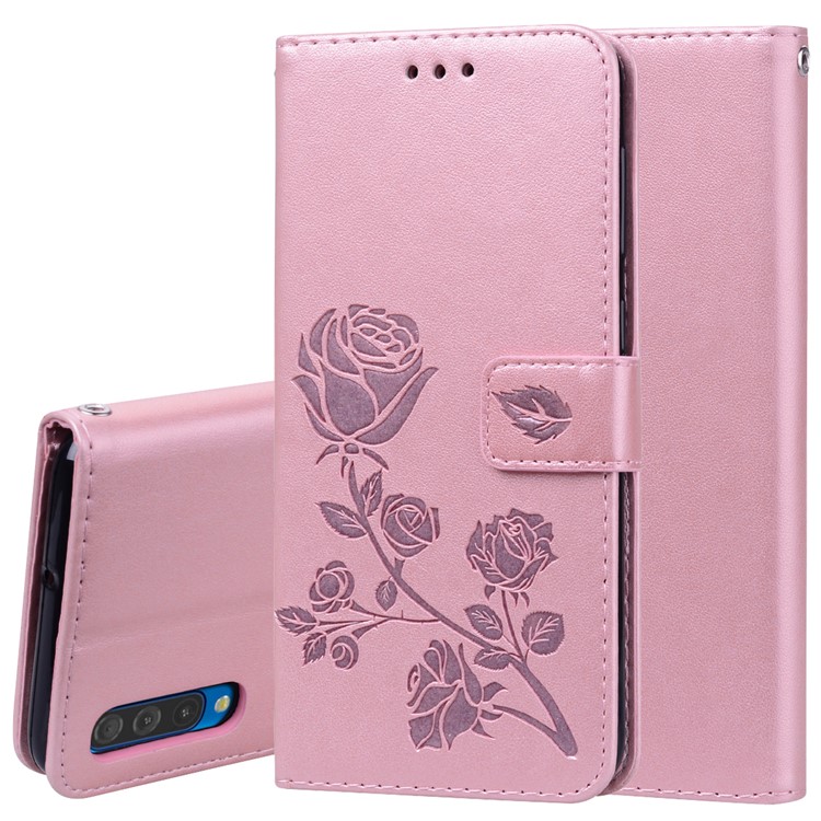 Imprinted Rose Flower Pattern Leather Wallet Case for Samsung Galaxy A50 - Pink-1