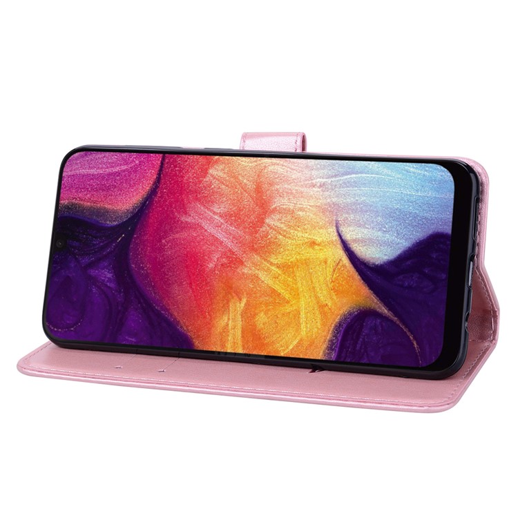 Imprinted Rose Flower Pattern Leather Wallet Case for Samsung Galaxy A50 - Pink-5