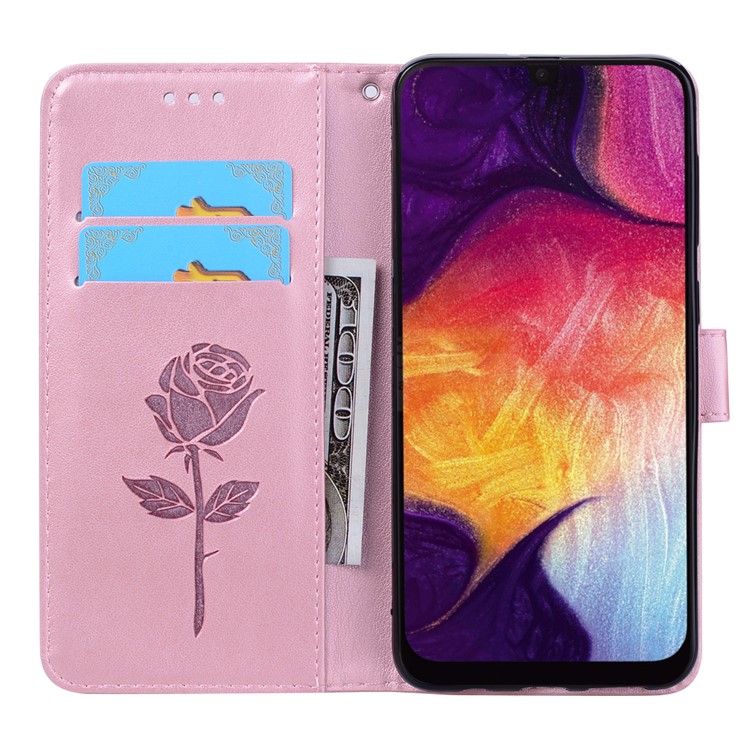 Imprinted Rose Flower Pattern Leather Wallet Case for Samsung Galaxy A50 - Pink-6