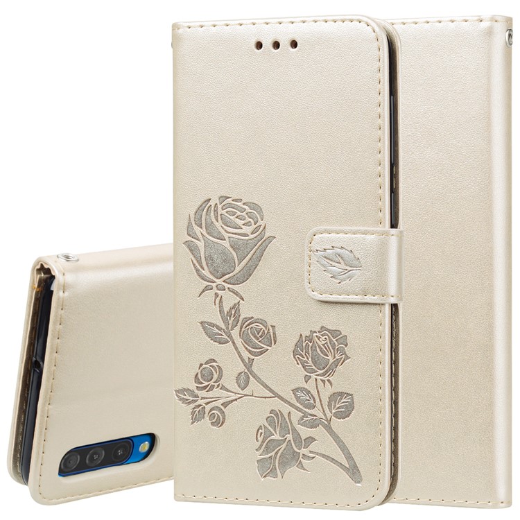 Aufgedruckte Brieftasche Aus Leder Mit Rosafarbenem Blumenmuster Für Das Samsung Galaxy A50 - Gold-1