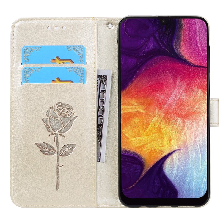 Aufgedruckte Brieftasche Aus Leder Mit Rosafarbenem Blumenmuster Für Das Samsung Galaxy A50 - Gold-7