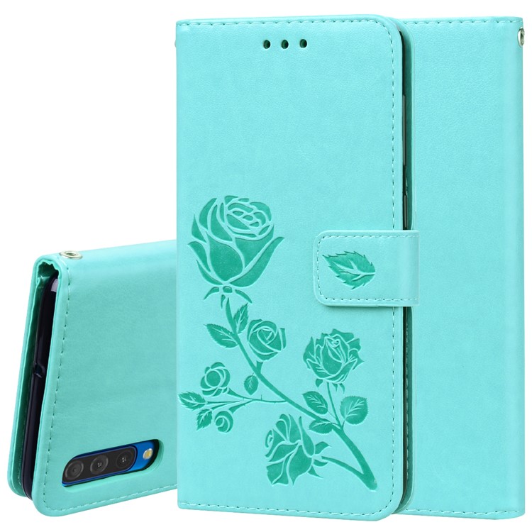 Custodia A Portafoglio In Pelle Con Motivo Fiore Rosa Stampato Per Samsung Galaxy A50 - Ciano-1