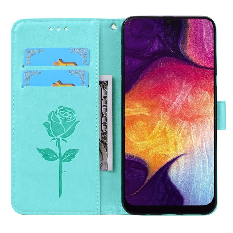 Custodia A Portafoglio In Pelle Con Motivo Fiore Rosa Stampato Per Samsung Galaxy A50 - Ciano-6