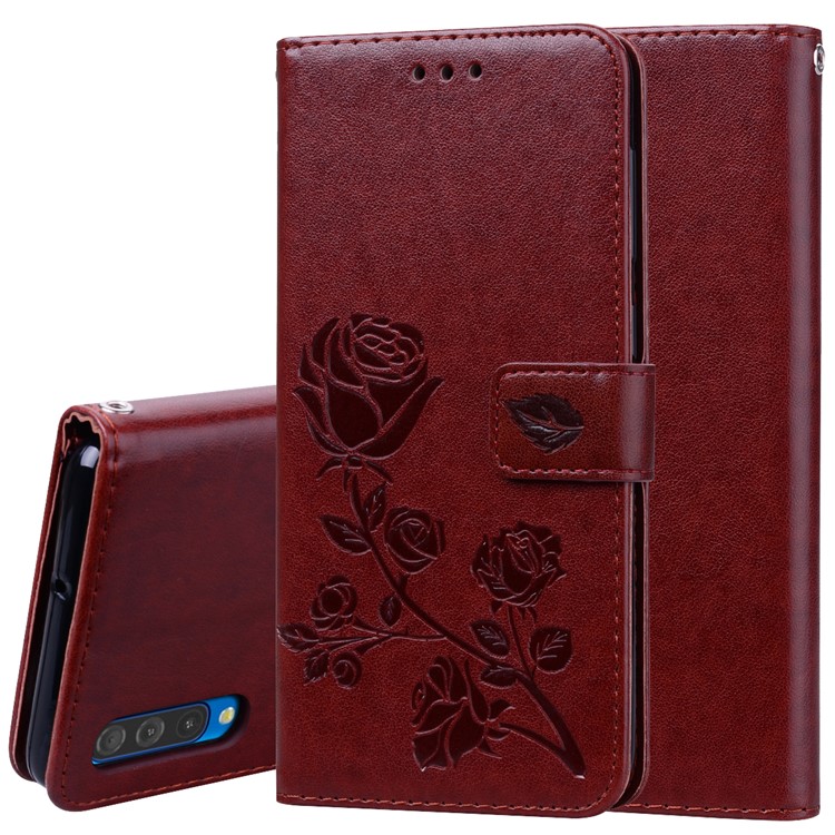 Imprinted Rose Flower Pattern Leather Wallet Case for Samsung Galaxy A50 - Brown-1