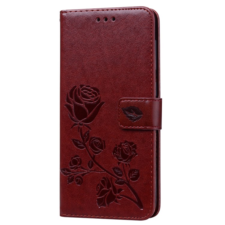 Imprinted Rose Flower Pattern Leather Wallet Case for Samsung Galaxy A50 - Brown-3