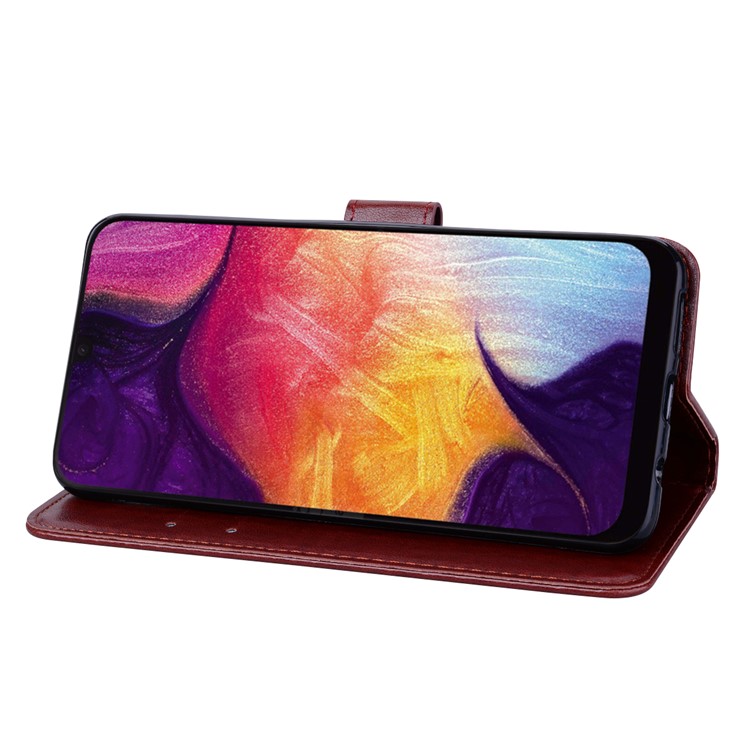 Imprinted Rose Flower Pattern Leather Wallet Case for Samsung Galaxy A50 - Brown-5
