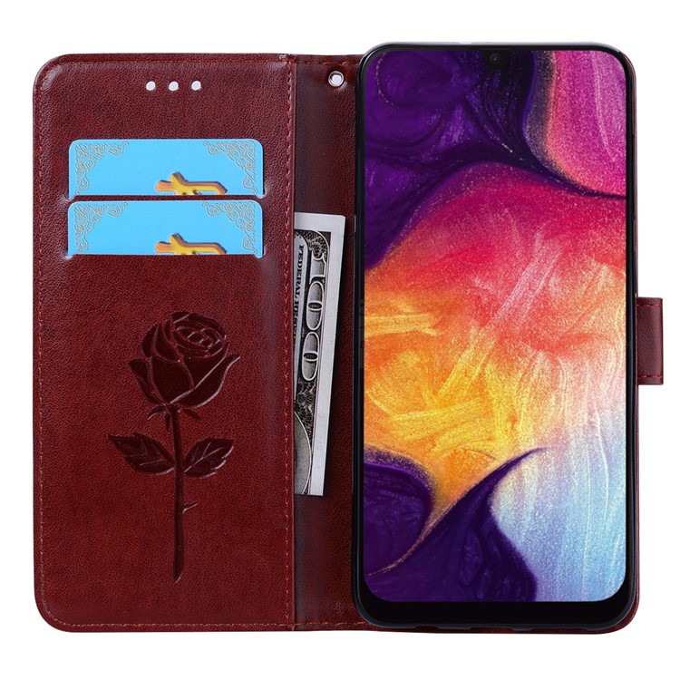 Imprinted Rose Flower Pattern Leather Wallet Case for Samsung Galaxy A50 - Brown-6