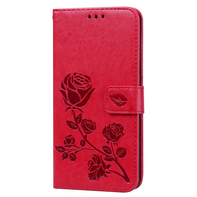 Imprinted Rose Flower Pattern Leather Wallet Case for Samsung Galaxy A10 - Red-2