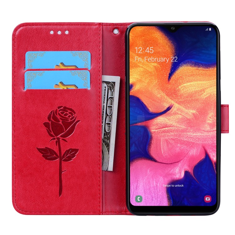 Imprinted Rose Flower Pattern Leather Wallet Case for Samsung Galaxy A10 - Red-6