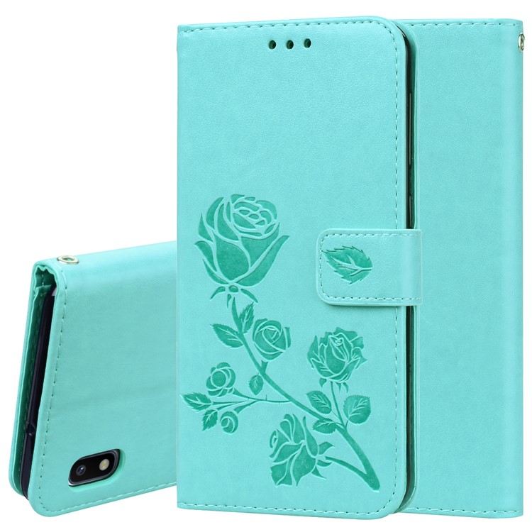 Imprinted Rose Flower Pattern Leather Wallet Case for Samsung Galaxy A10 - Cyan-1