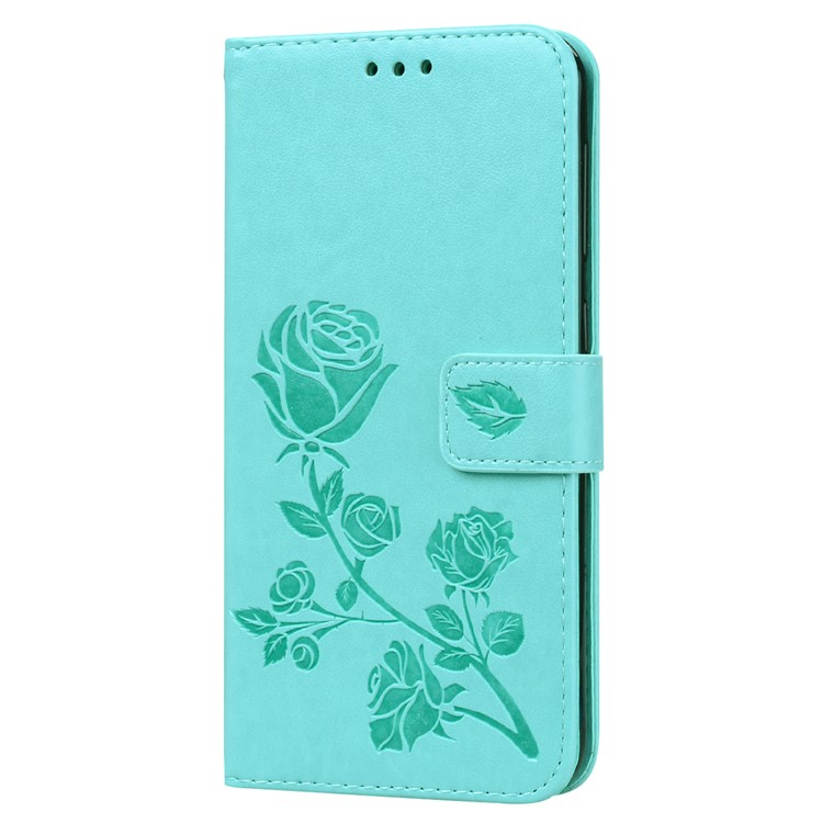 Imprinted Rose Flower Pattern Leather Wallet Case for Samsung Galaxy A10 - Cyan-3