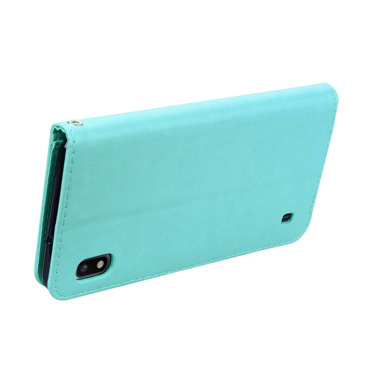 Imprinted Rose Flower Pattern Leather Wallet Case for Samsung Galaxy A10 - Cyan-4