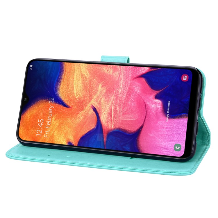 Imprinted Rose Flower Pattern Leather Wallet Case for Samsung Galaxy A10 - Cyan-5