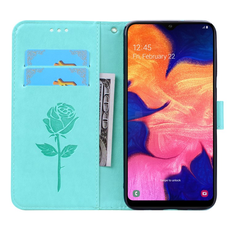 Imprinted Rose Flower Pattern Leather Wallet Case for Samsung Galaxy A10 - Cyan-6