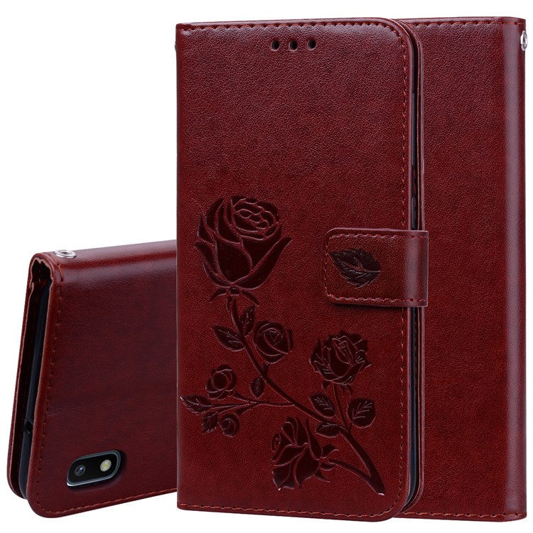 Custodia A Portafoglio In Pelle Con Motivo Fiore Rosa Stampato Per Samsung Galaxy A10 - Marrone-1