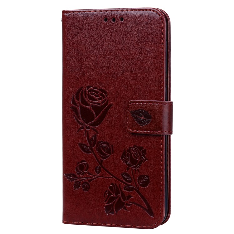 Custodia A Portafoglio In Pelle Con Motivo Fiore Rosa Stampato Per Samsung Galaxy A10 - Marrone-3