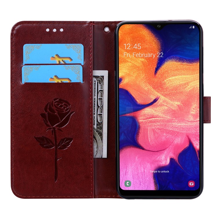 Custodia A Portafoglio In Pelle Con Motivo Fiore Rosa Stampato Per Samsung Galaxy A10 - Marrone-6