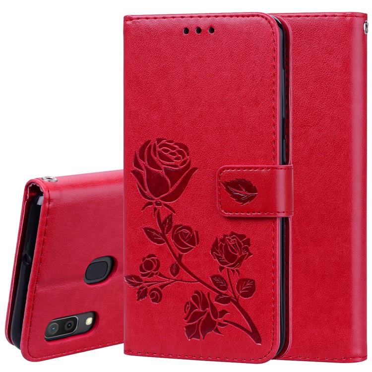 Imprinted Rose Flower Pattern Leather Wallet Case for Samsung Galaxy A30 / A20 - Red-1