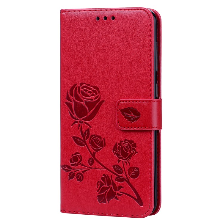 Imprinted Rose Flower Pattern Leather Wallet Case for Samsung Galaxy A30 / A20 - Red-3