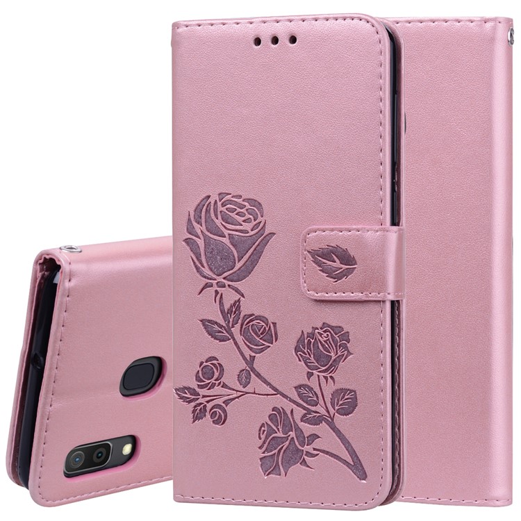 Imprinted Rose Flower Pattern Leather Wallet Case for Samsung Galaxy A30 / A20 - Pink-1