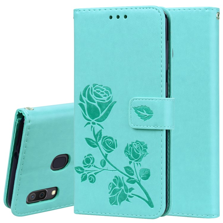 Imprinted Rose Flower Pattern Leather Wallet Case for Samsung Galaxy A30 / A20 - Cyan-1