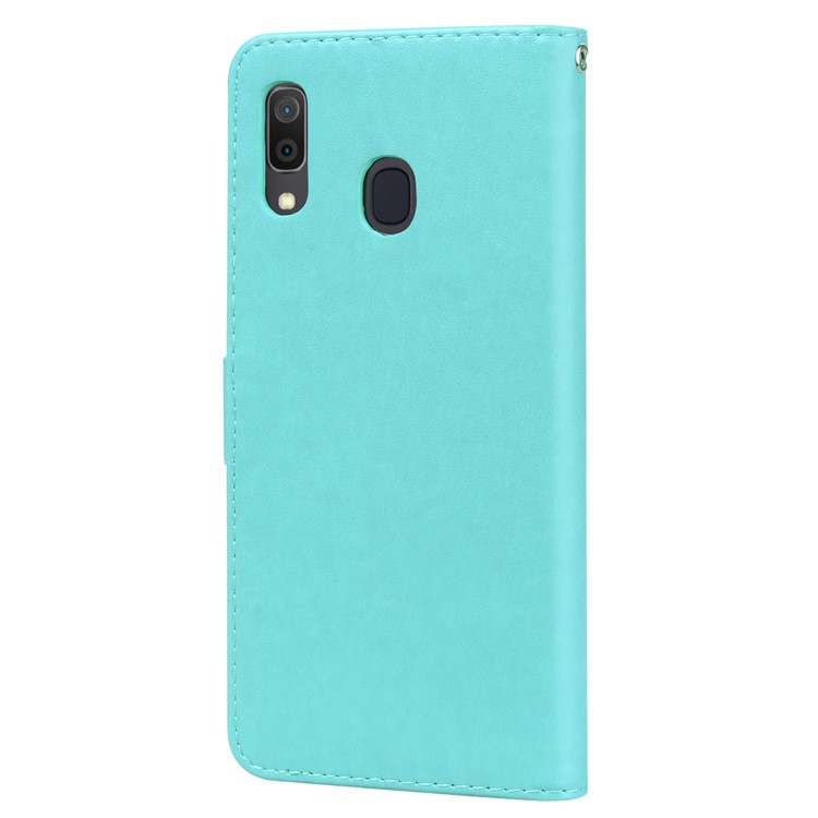 Imprinted Rose Flower Pattern Leather Wallet Case for Samsung Galaxy A30 / A20 - Cyan-2