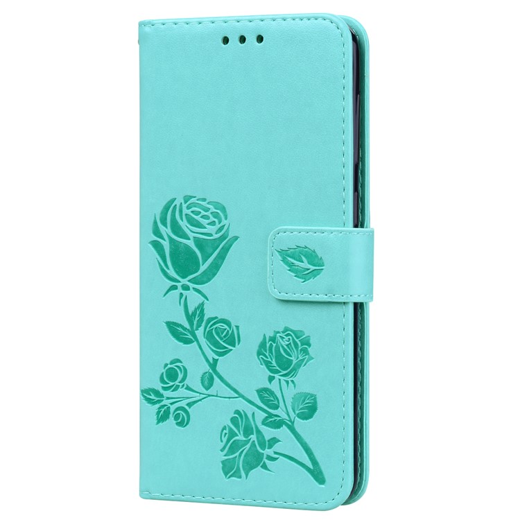 Imprinted Rose Flower Pattern Leather Wallet Case for Samsung Galaxy A30 / A20 - Cyan-3