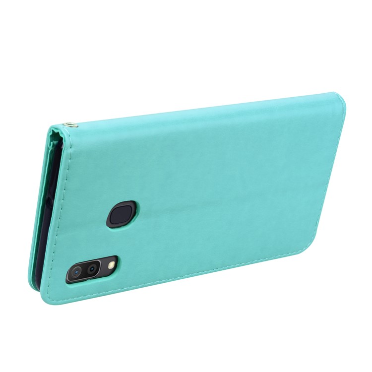 Imprinted Rose Flower Pattern Leather Wallet Case for Samsung Galaxy A30 / A20 - Cyan-4