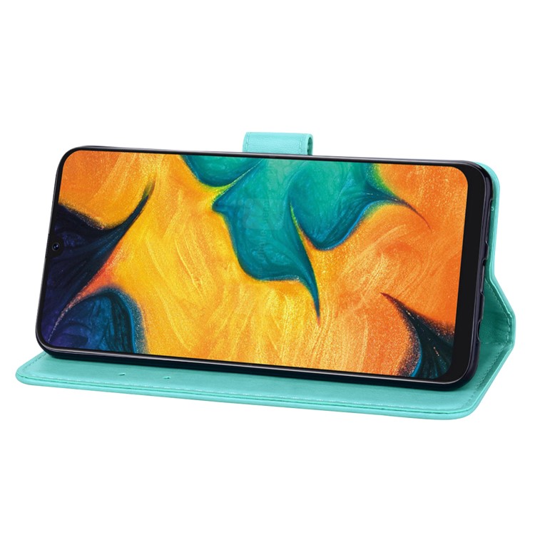 Imprinted Rose Flower Pattern Leather Wallet Case for Samsung Galaxy A30 / A20 - Cyan-5