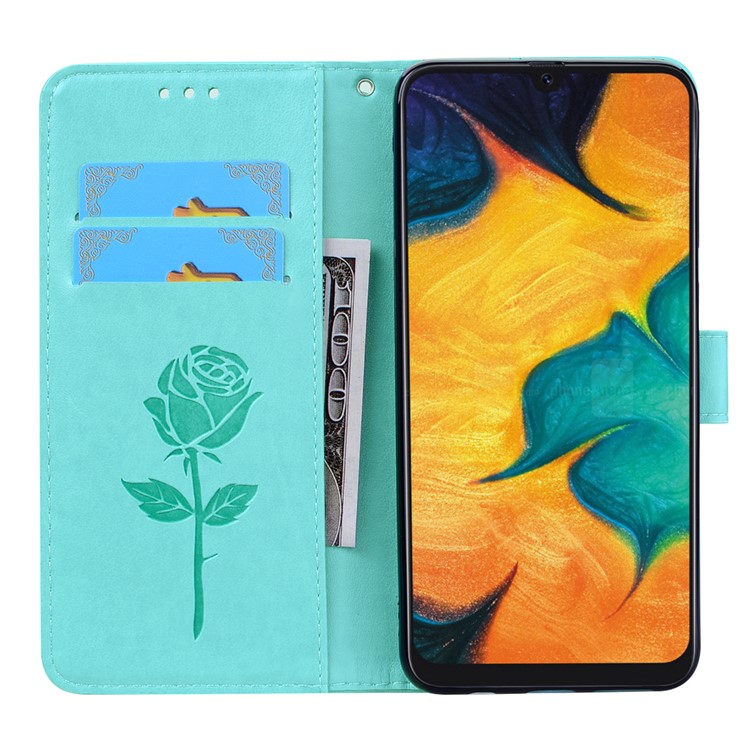 Imprinted Rose Flower Pattern Leather Wallet Case for Samsung Galaxy A30 / A20 - Cyan-6