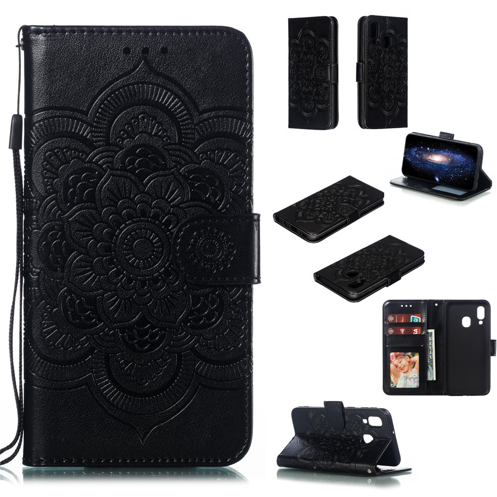 Imprint Mandala Flower Leather Wallet Case for Samsung Galaxy A40 - Black-1