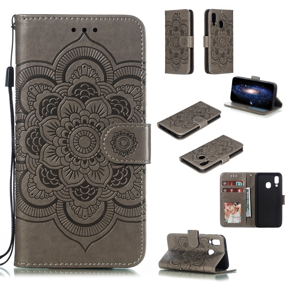 Imprint Mandala Flower Leather Wallet Case for Samsung Galaxy A40 - Grey-1