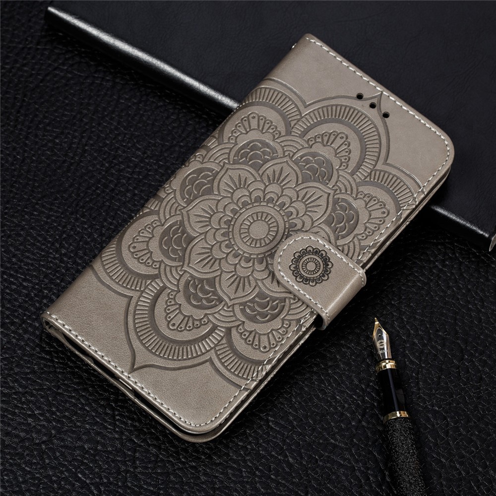 Impressão Mandala Flower Leather Cartet Case Para Samsung Galaxy A40 - Cinza-11