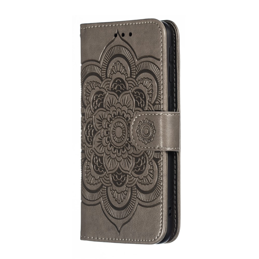 Imprint Mandala Flower Leather Wallet Case for Samsung Galaxy A40 - Grey-3
