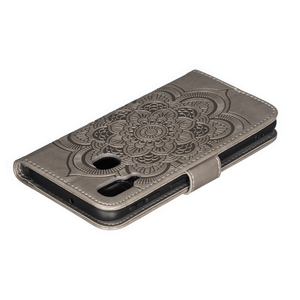 Imprint Mandala Flower Leather Wallet Case for Samsung Galaxy A40 - Grey-6